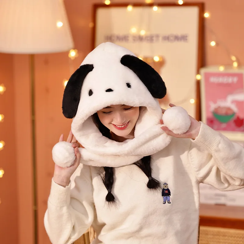 

New Anime Kawaii Sanrio Kuromi Plush Hat Girl Children Cute Pochacco My Melody Winter Fleece Ear Protection Hat Birthday Gift