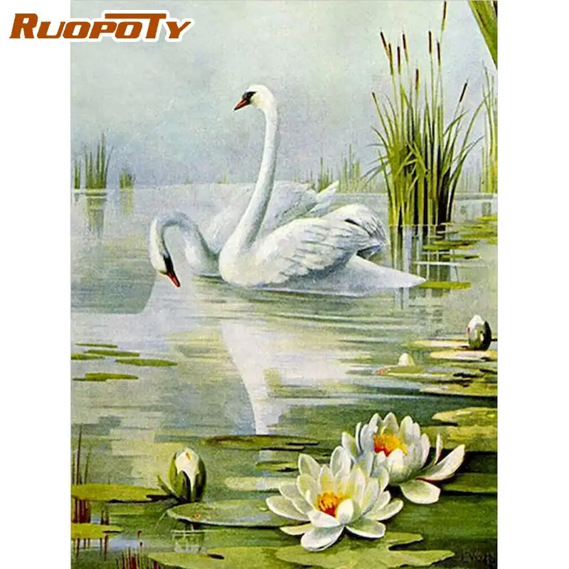 

RUOPOTY Pictures By Number Swan Animal Kits Home Decor Painting By Numbers The Lotus Pond Drawing On Canvas Art Diy Gift