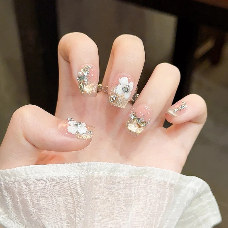 10 шт. милые накладные ногти ручной работы с цветком глянцевые алмазные полное
