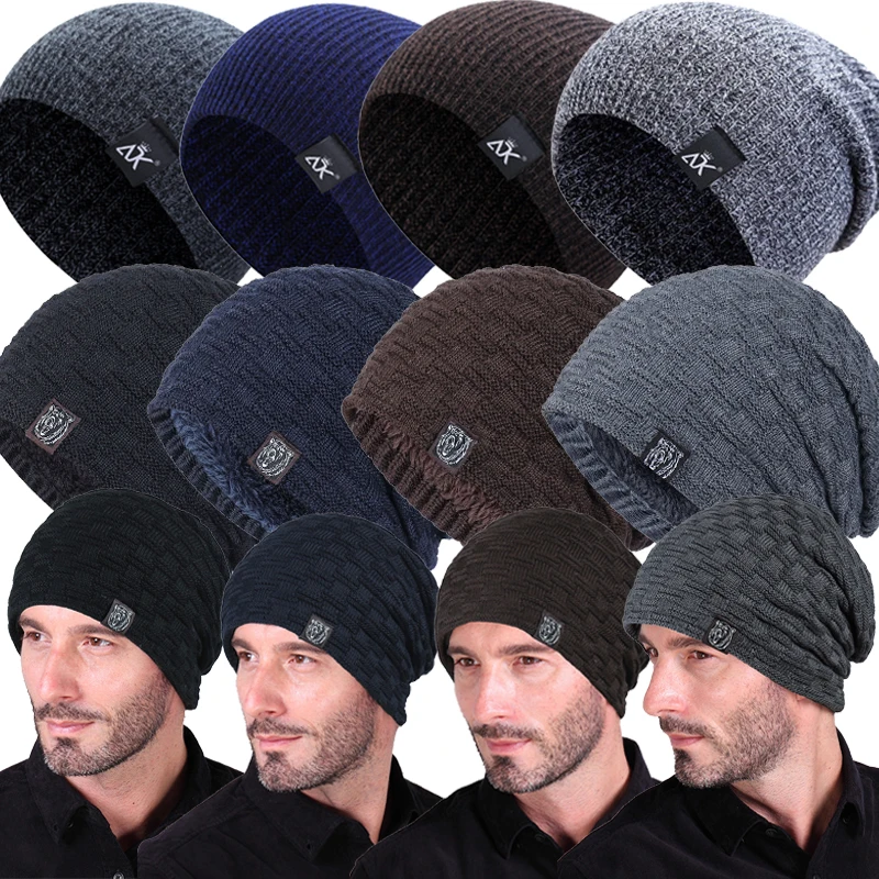 

Men Winter Beanie Hat Unisex Plus Velvet Knitted Hats Warm Thicken Beanies Outdoor Cycling Ski Caps Knit Brimless Fur Bonnet Cap