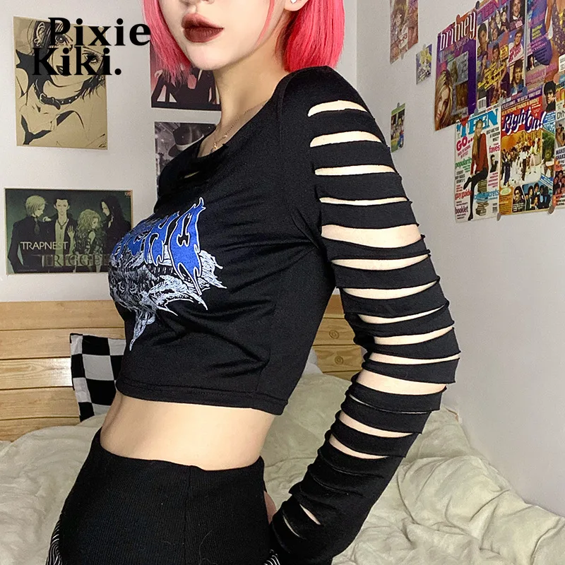 PixieKiki Black Gothic Punk Crop Top Y2k Egirl Clothes Aesthetic Slim Fit Hollow Out Long Sleeve T Shirts Dark Academia P67-DZ11 | Женская