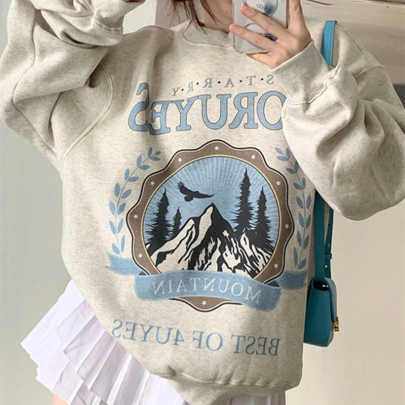 

Женская толстовка с флисовой подкладкой, Свободный пуловер оверсайз с рисунком в эстетическом стиле, зима