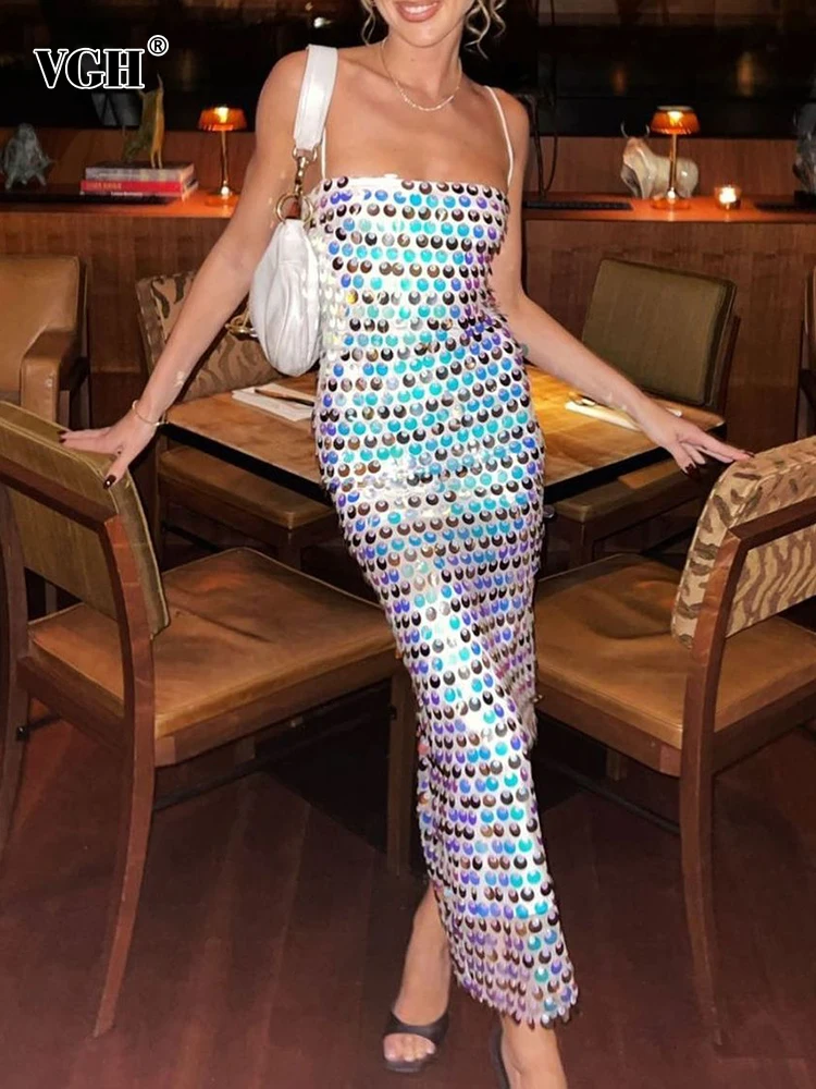 

VGH Sexy Evening Dresses For Women Square Collar Sleeveless Backless High Waist Spliced Sequins Gloosy Formal Dress Female New