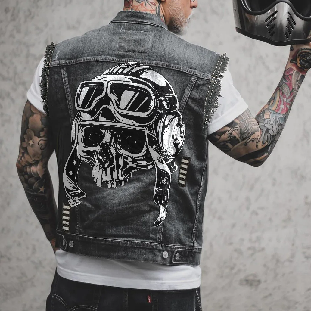 Men's Spring/Summer New Outdoor Cycling Motorcycle Punk Print Pattern Hollow Out Raw Edge Sleeveless Tank Top Denim Jacket