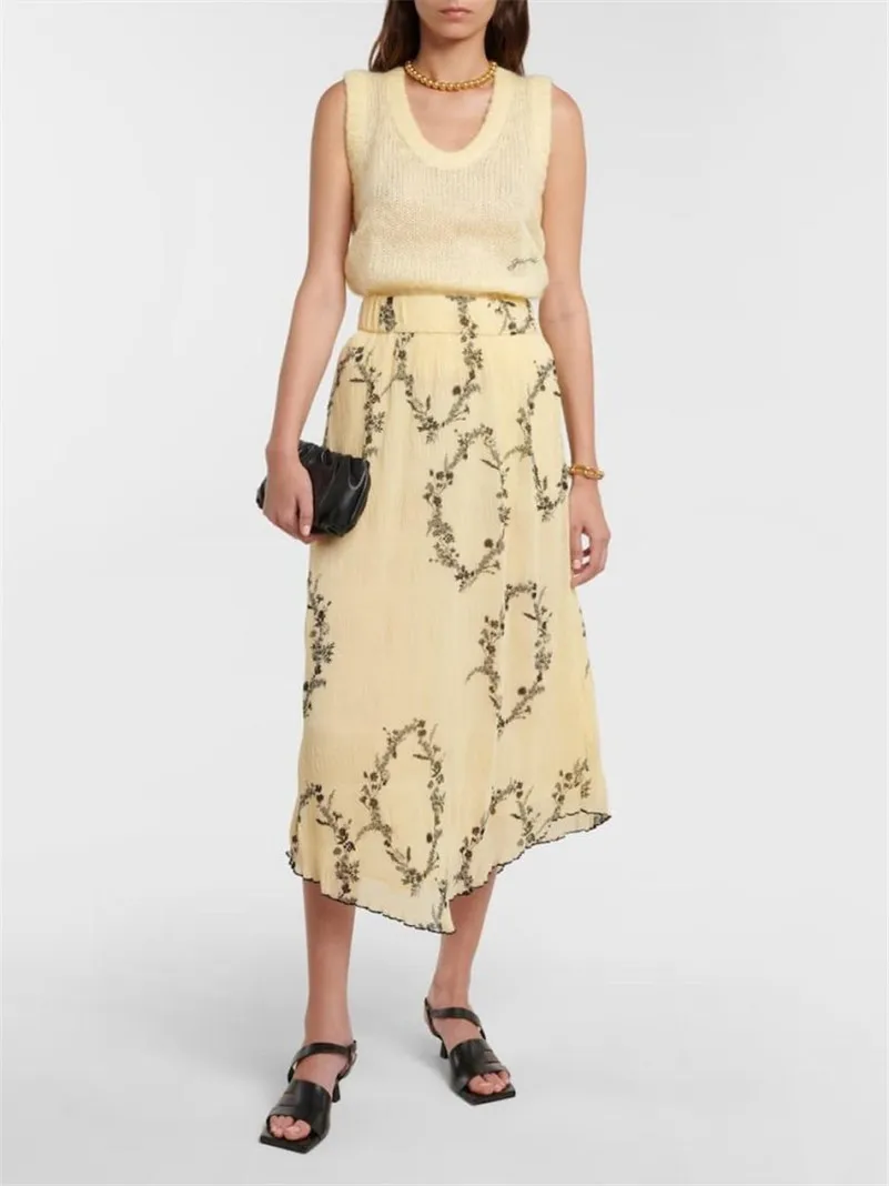 

2023 Spring Chiffon Sweet Fresh Yellow Print Medium Length Skirts Elastic Waist Lightweight Elegant Soft Beach Irregular Dress