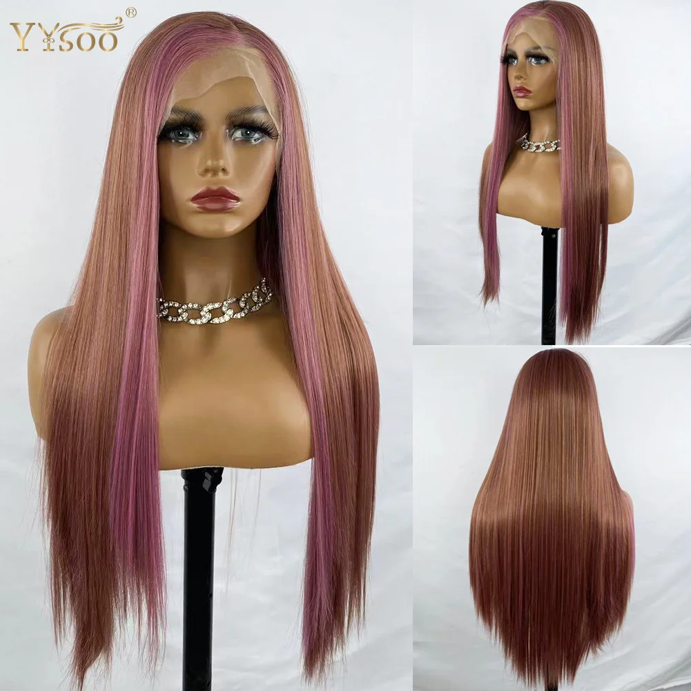YYsoo Long Pink Baylayage13x4 Futura Synthetic Hair Lace Front Wigs For Women Silky Straight Glueless Highlights Soft Lace Wig