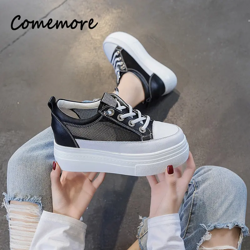 

Comemore Wedge Heel Leather Thick Bottom Hollow Breathable Mesh Height Increasing Women White Shoes Women's 2023 Summer Sneakers