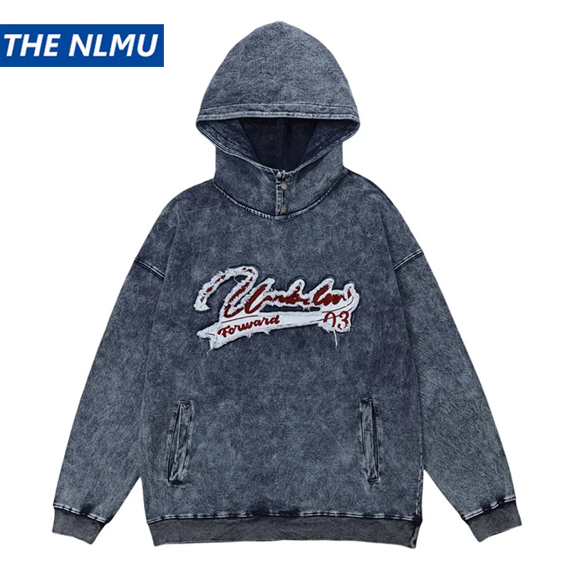 

Джинсовая толстовка мужская с воротником-стойкой, винтажная хлопковая толстовка с капюшоном, в стиле хип-хоп, 2023