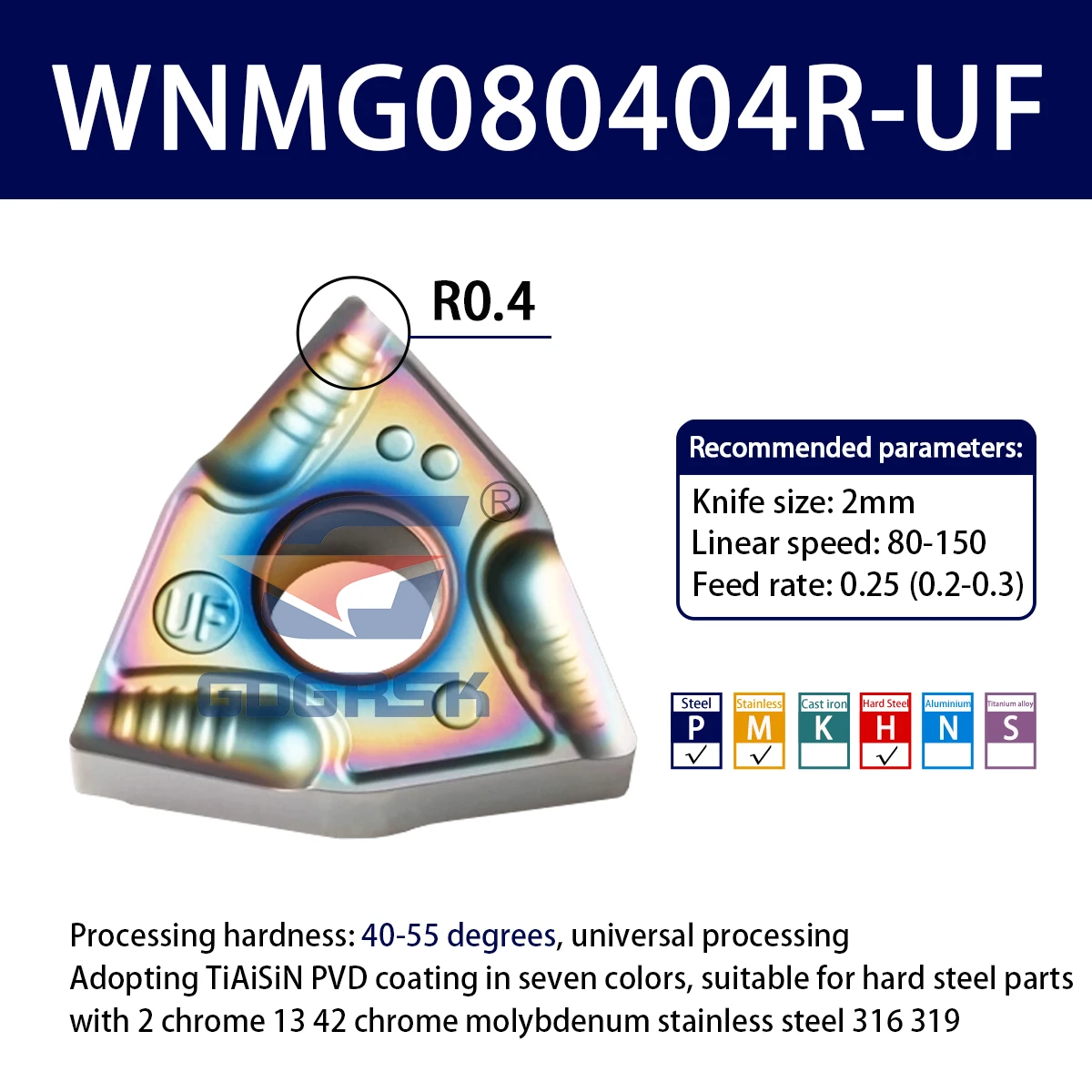 

Лезвия для токарного станка в форме персика с ЧПУ из нержавеющей стали WNMG080404R-S/R-U/8L-UF/L-S Цветная закаленная сталь Наружные круговые токарные лезвия