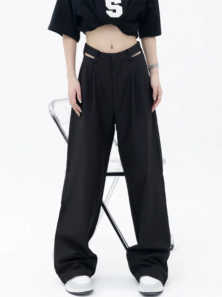 

Women's Black Hollow Out Casual Pants Summer Fashion Large Size Design Feeling Loose And Thin Wide Leg Pants Floor Length Pants