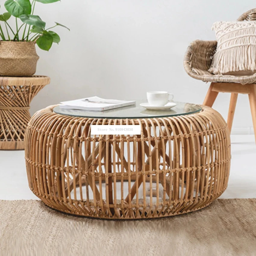 

Round Rattan Coffee Table Hand-Woven Portable Living Room Real Rattan Tea Table Modern Minimalist Style Small Wicker Table