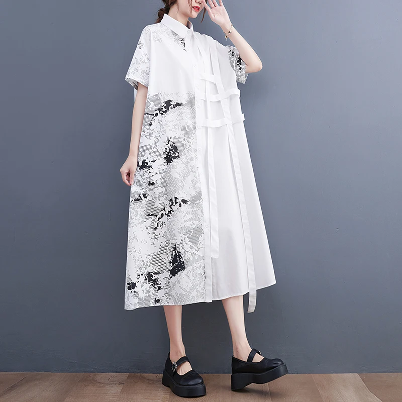 

SuperAen Summer 2022 New] Retro Oversized Printing Loose Slim Turn Down Collar Shirt Dresses for Women