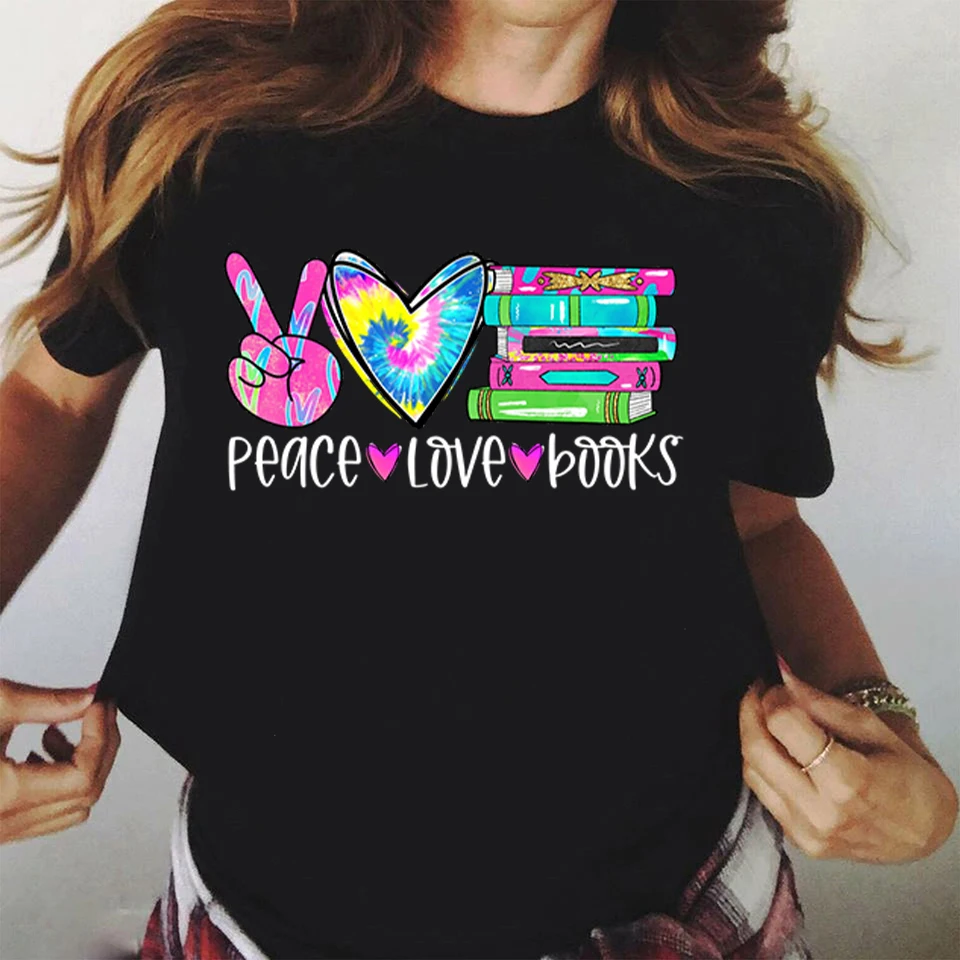 

T-shirts Women 90s Casual Cute Peave Love Books Shirt Kawaii Cute Fashion Clothes Stylish Tshirt Top Lady Print Girl Tee T-Shirt