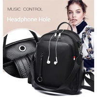 casual women backpack with headphone hole large capacity books bag fashion genuine leather female backpacks chic travel backpack