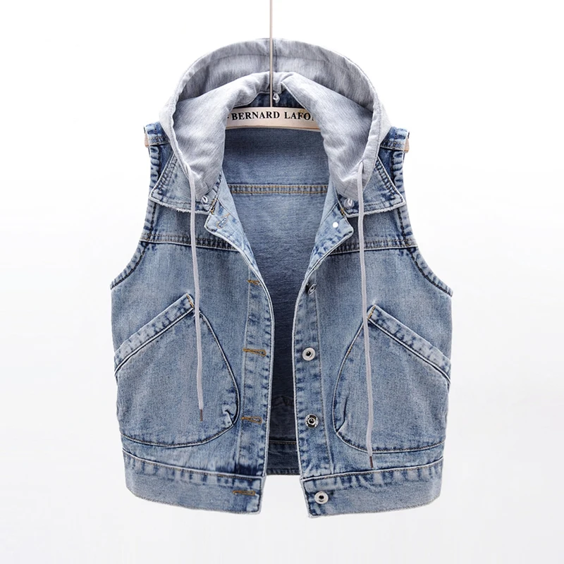 

Removable Hooded Big Pocket Denim Vest Women Waistcoat Letter Embroidery Cowboy Sleeveless Jacket Slim Short Jeans Vest Female