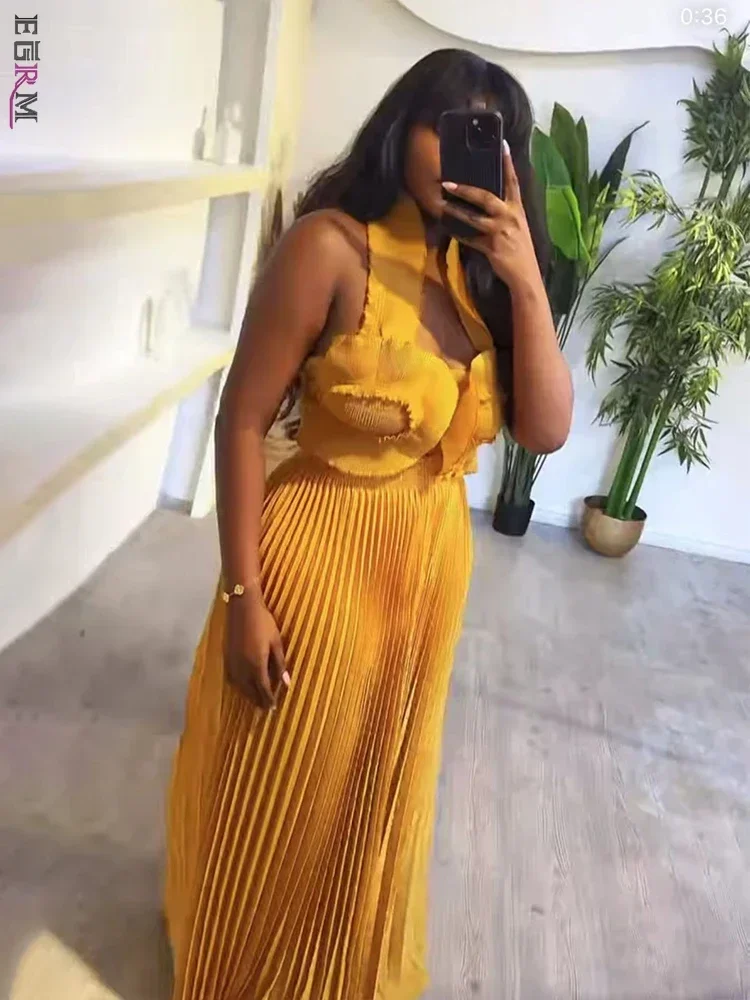 EGRM Плиссированный женский комплект однотонный укороченный топ с лямкой на шее и