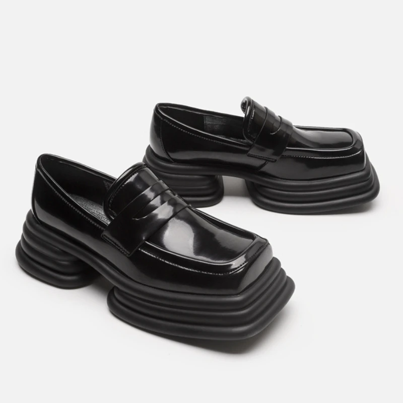 

Geometric Square head Loafers Shoes for Women 2022 Square Toe Chunky heel shoesThick-soled retro British JK small leather shoes