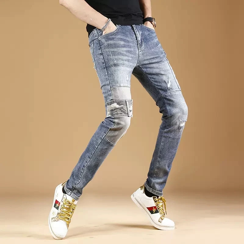 Men Blue Ripped Patchwork Jeans Streetwear Slim Fit Pencil Pants Korean Style Casual Letter Embroidery Denim Trousers