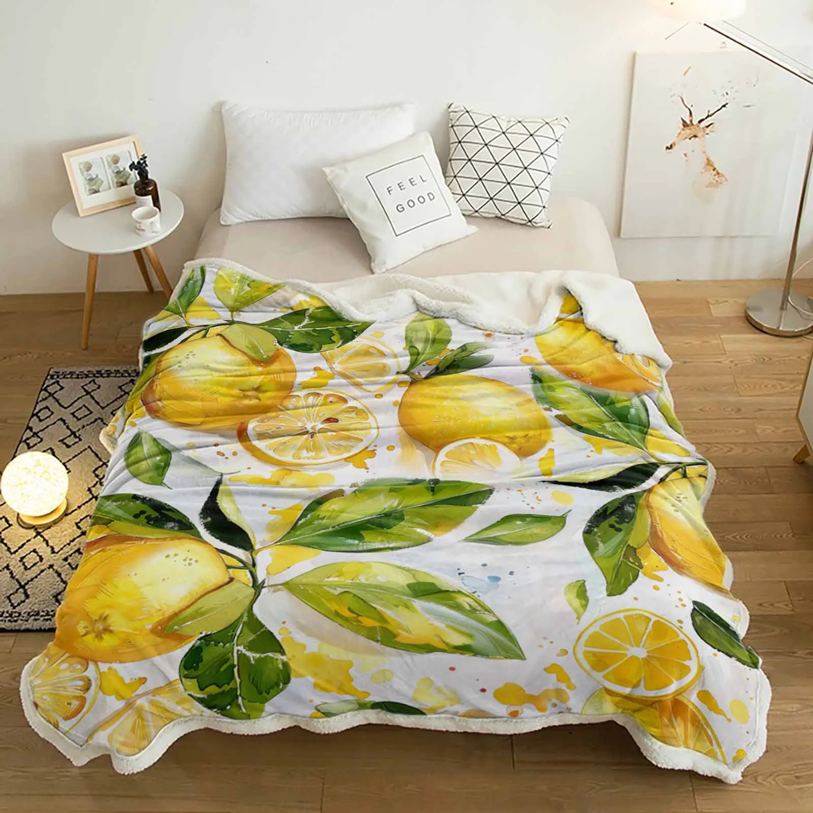 Кашемировое одеяло с листьями лимона акварелью теплые зимние мягкие пледы