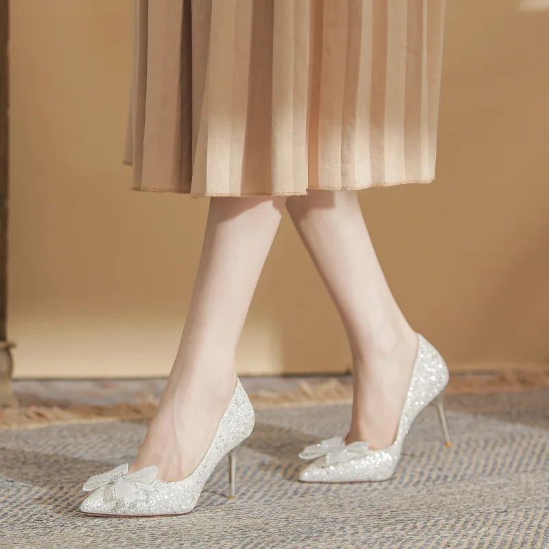 French Style High Heel Wedding Party Shoes with Rhinestone Butterfly Bow and Pointed Toe for Women's Elegance