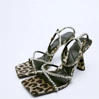 za female sparkly strap heeled sandals 2022 sexy leopard print squared toe sandalen cross jewel straps buckle woman sandal shoes
