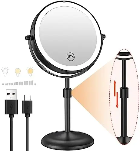 

Makeup Mirror with Adjustable Stand, [3 Color Dimmable Lights & 1X/10X Magnification & Type-C Rechargeable] 7" Doubl