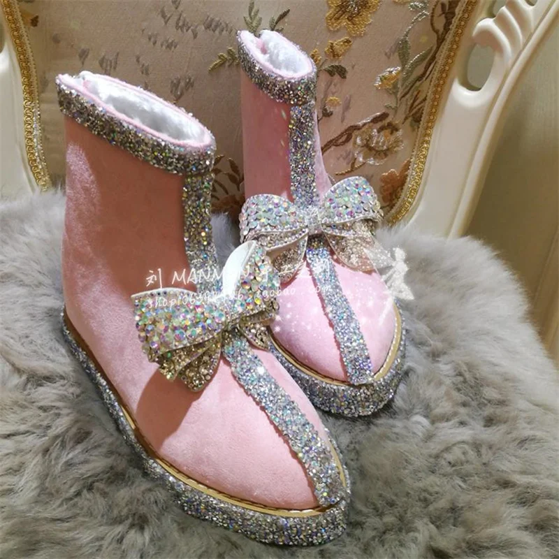 

Winter warm boots with fleece sequins classic handmade custom ankle boots Butterfly decorative rhinestones women's 35-41