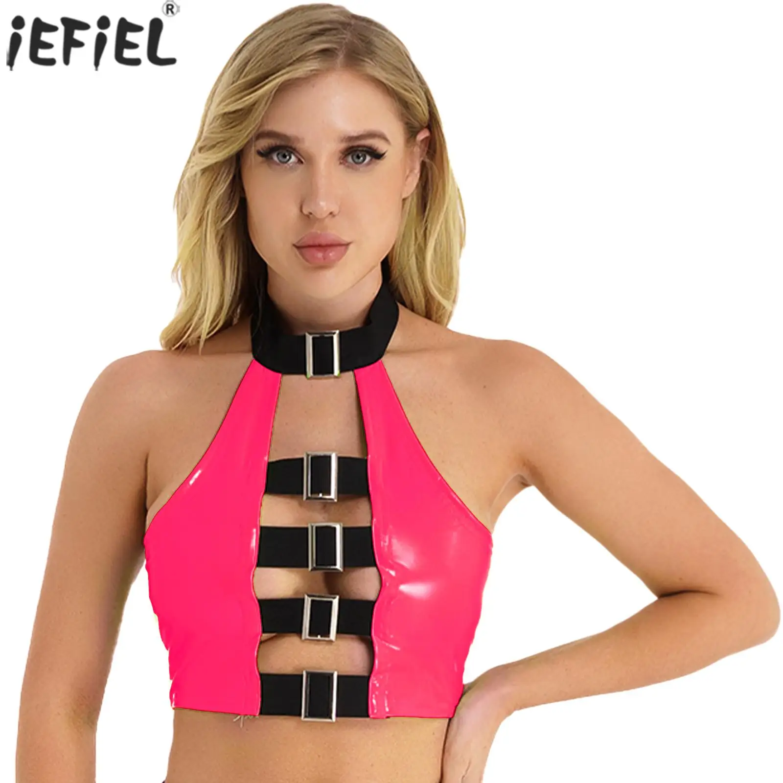 

Womens Sexy Vest Hollow Out Patent Leather Crop Top Halter Backless Buckle Strappy Camisole Vest Tops for Party Club Music
