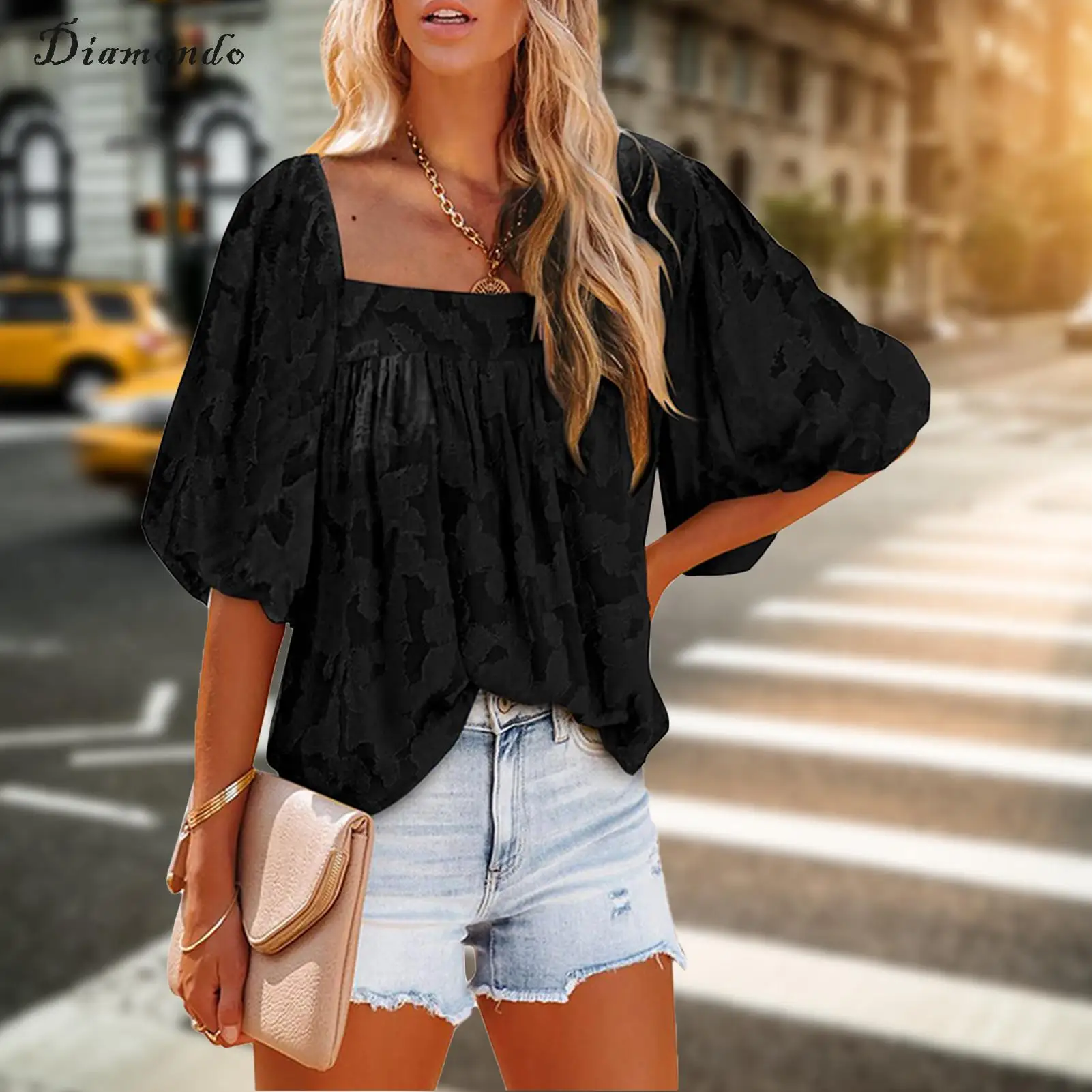 

Women Short Sleeve Blouse Lantern Sleeve Square Neck Short Sleeve T Shirt Commuting Style Floral Texture for Female Relaxed-Fit
