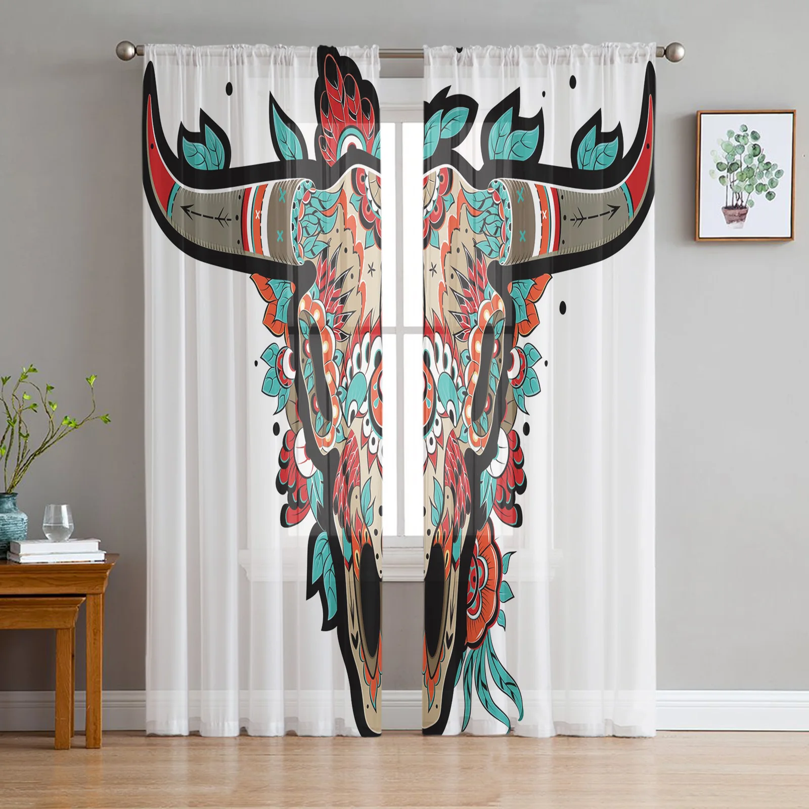 

Bull Skull Pattern Art Sheer Curtains for Living Room Voile Curtain Bedroom Bathroom Tulle Curtains Window Drapes