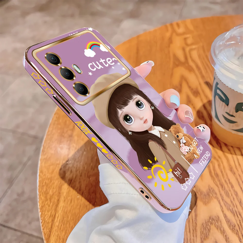 

For Tecno Spark 8 Pro 8C 7 Pro 6 Go 6Air 5Air Luxury Square Case Cartoon Girls Plating Soft TPU Cover Shockproof Cases