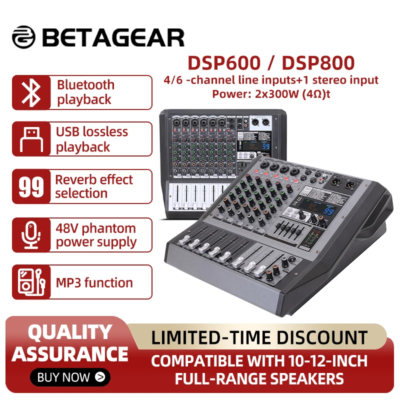 Фото Betagear DSP600/DSP800 32 бит 300 Вт X2 профессиональный аудиомикшер 48 В Phantom 4/6 канал 99 DSP эффектов Bluetooth USB MP3 для №1