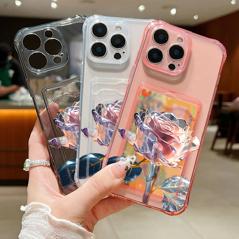 Прозрачный силиконовый чехол из ТПУ с рисунком розы и слотом для карт iPhone 16 15 14 13 12