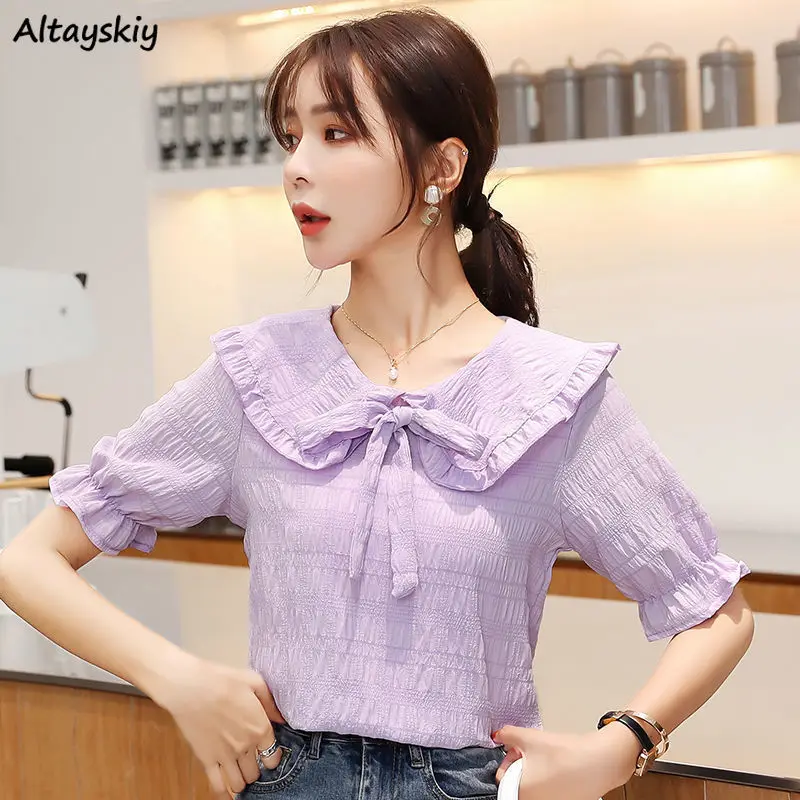 

Blouses Women Peter Pan Collar Solid Sweet Elegant Cozy Leisure Blusas De Moda Fashion Retro Popular Girlish College Young Mujer