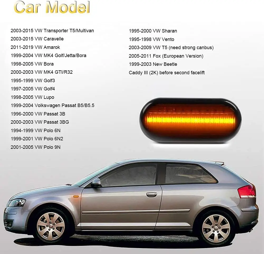 Боковые габаритные огни для Volkswagen VW Golf 3 4, Bora, Lupo, Passat, Polo, Up, Caddy, T5, Amarok, Fox, Beetle, светодиодные динамические указатели поворота (art.: 3920dbd260694) - 3920dbd260694
