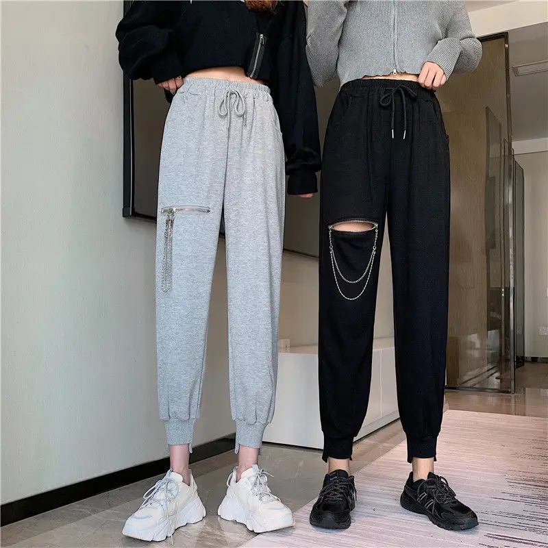 

Streetwear Harem Pants Women Casual Joggers Black High Waist Loose Zippers with Chain Female Trousers Korean Style Ladies Pants