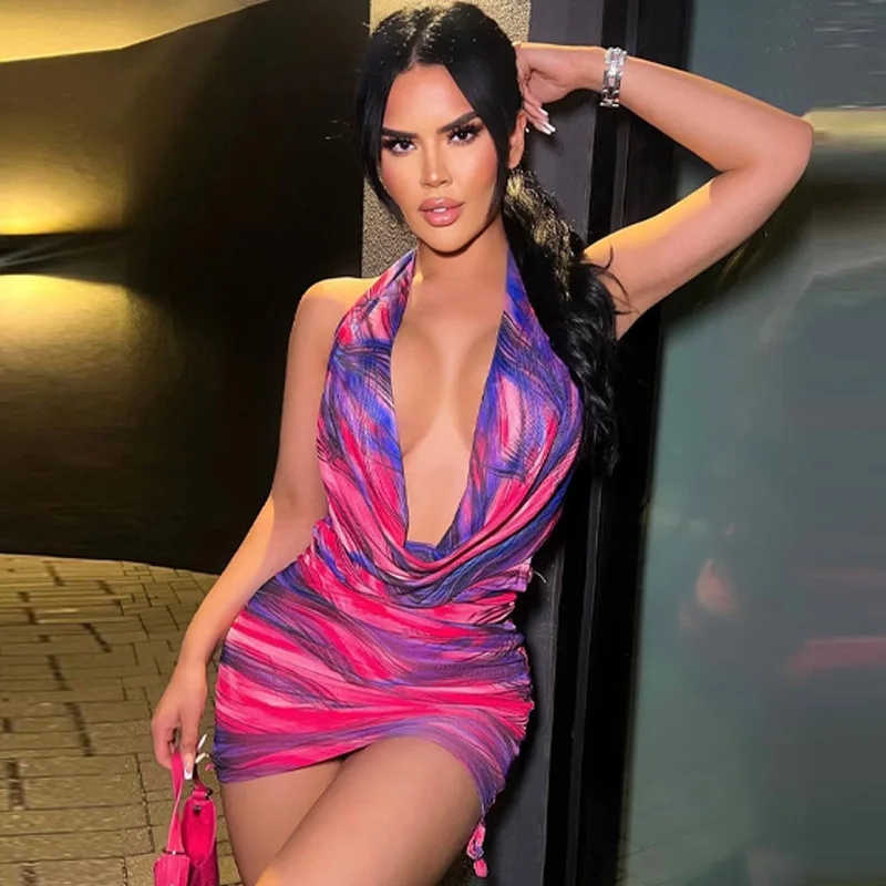 

Женская одежда для лета 2023, новое модное сексуальное платье с принтом на шнуровке с открытой спиной