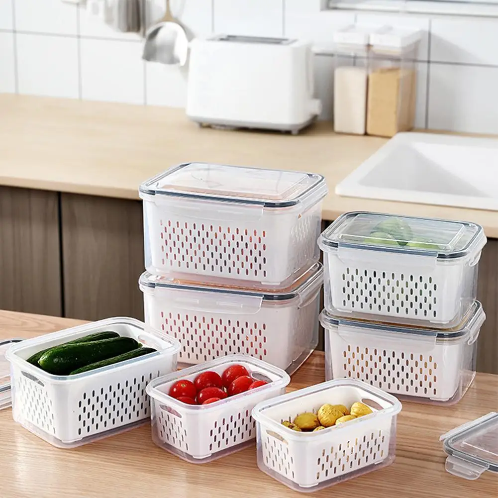 

1pcs Refrigerator Storage Box Fridge Fresh Kitchen Organizer Vegetable Fruit Boxes Drain Basket Kitchen Storage Containers Lid