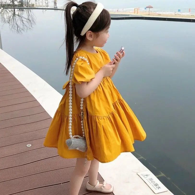 

Summer 2023 New Kids Girl Dress Children Puff Sleeve Solid Princess Dresses Sweet Baby Girl Clothes Vestidos