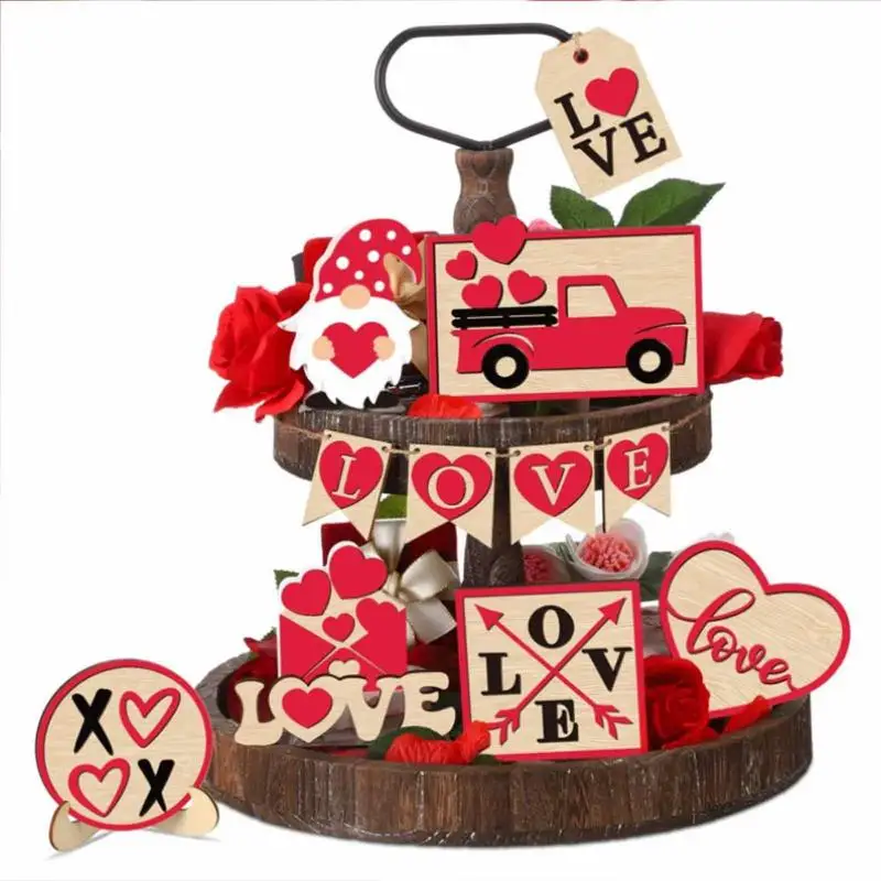 

Многоярусный поднос, набор украшений для Дня Святого Валентина, 12 шт., деревянные знаки в форме красного сердца, украшения на День святого Ва...