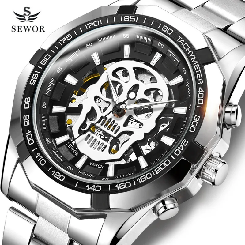 

Relogio Masculino SEWOR Mens Watches Brand Luxury Hollow Automatic Mechanical Watch Men Steel Hip Hop Skull Skeleton WristWatch