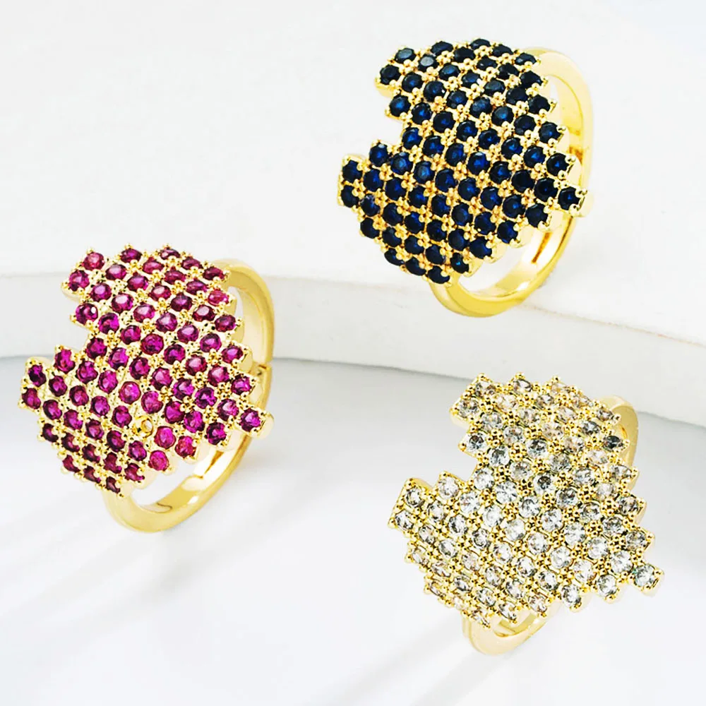 

New Fashion Korean Exquisite Heart Shaped Micro Inlaid Colorful Zircon Ring Opening Adjustment Popular Temperament Ladies Rings
