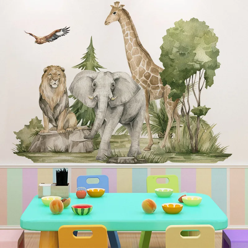 

Self-adhesive Giraffe Elephant Lion Wall Sticker Hand-painted Children's Room Bedside Layout Room Decor Aesthetic Wallpaper