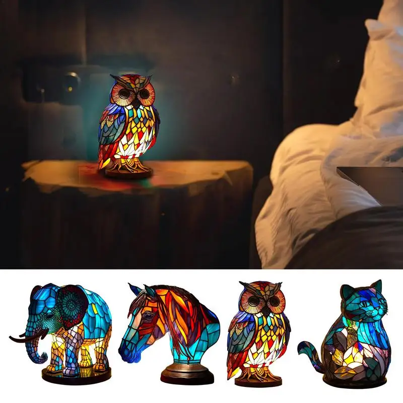 

New Animal Table Lamp Series Resin Stained Glass Bedside Light Dragon Dolphin Sea Turtle Lion Owl Wolf Horse Cat Home Ornament