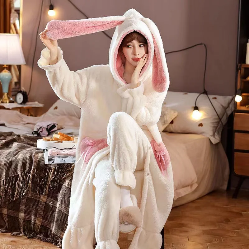 Flannel Pajamas Set 2PCS Warm Winter Women Robes Suits Sleepwear Thick Coral Fleece Hooded Plus Size Homewear Loose Pyjamas