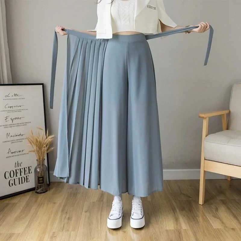 Pantalones de gasa plisados para mujer, pantalón de cintura alta, informal, de pierna ancha, estilo coreano, primavera y verano, 2022