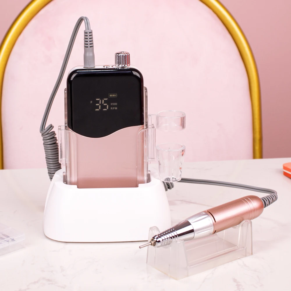 Nail Drill Machine 35000 RPM Portable Electric Nail File Rechargeable Manicure Set Light Rose Gold with Portable Base Cordless