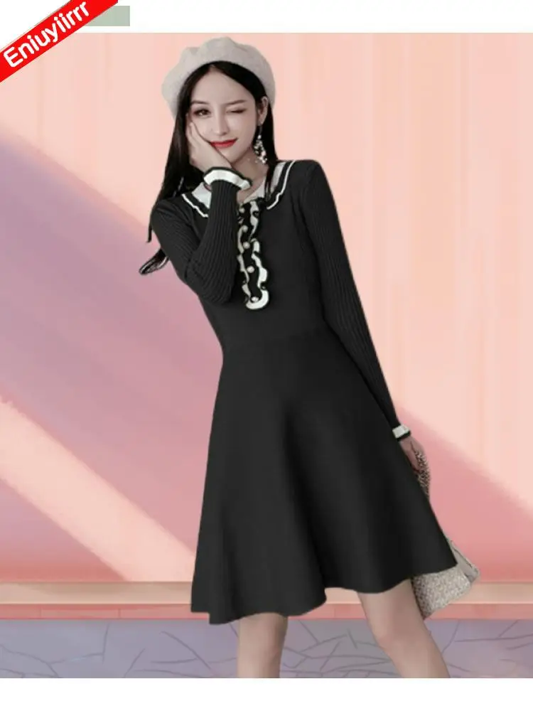 

Женское однотонное вязаное платье-свитер на пуговицах, однобортное милое маленькое черное элегантное платье с оборками на новый год, зима ...