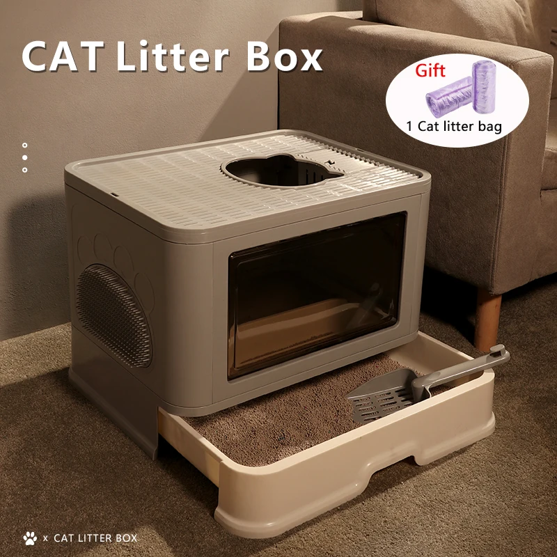 

Fully Enclosed Pet Fold Bedpan Cat Toilet Anti-splash Cat Litter Box Tray With Spoon Clean Kitten House Plastic Box Cat Supplies