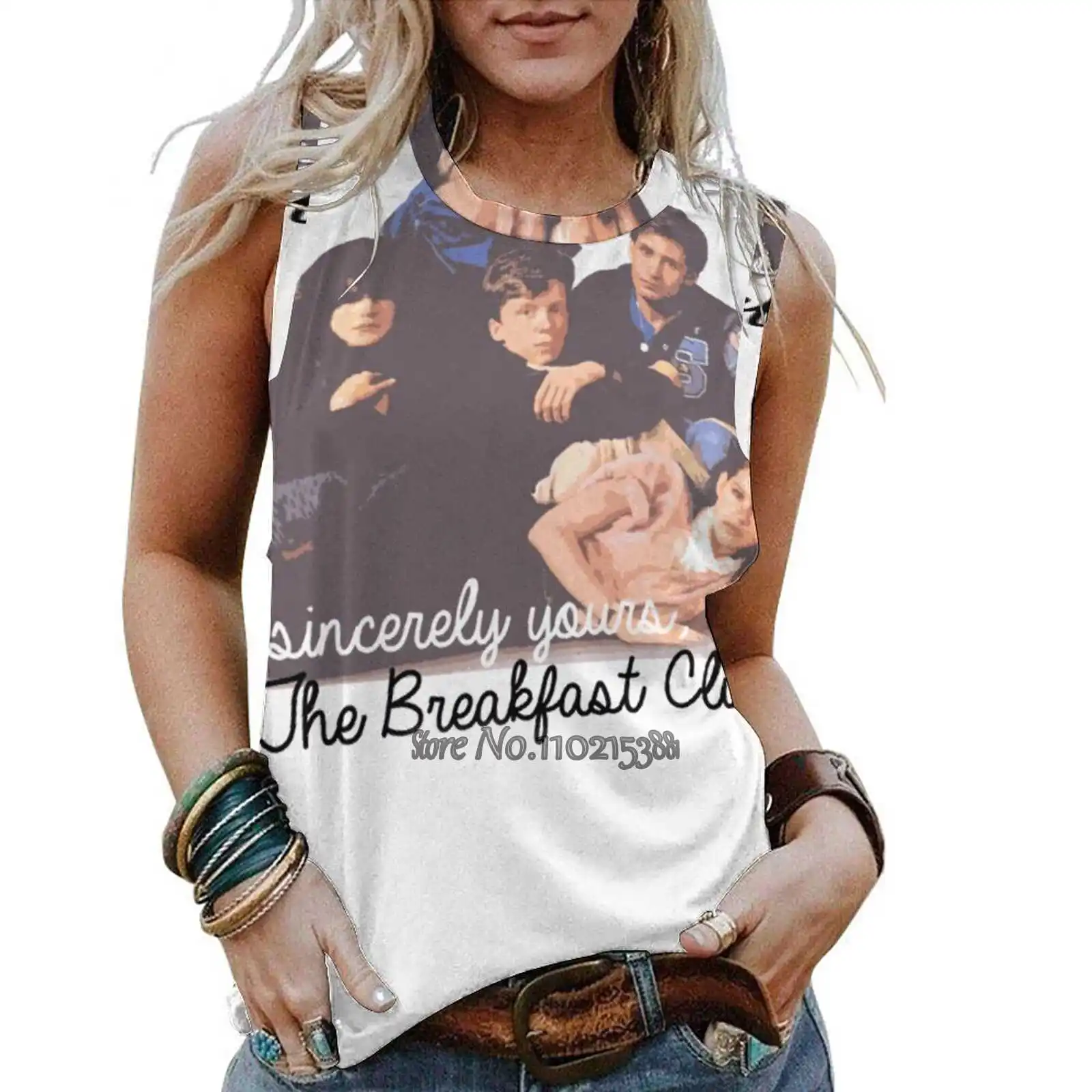 

Майка женская летняя с принтом, жилет без рукавов, топ свободного покроя с принтом для завтрака, клуба, 80S